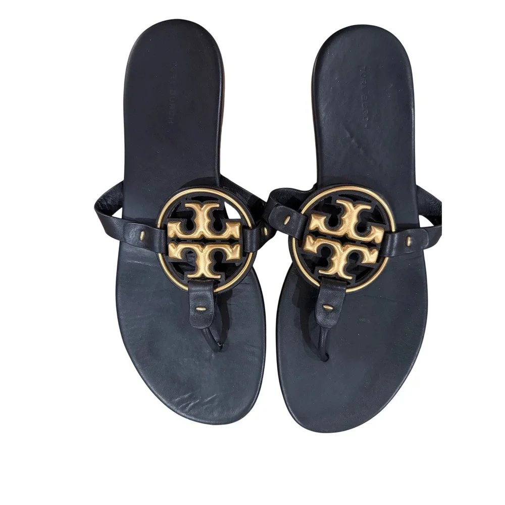 Tory Burch Metal Miller Sandal Black Leather Gold Logo Thong Flip Flop Womens 10